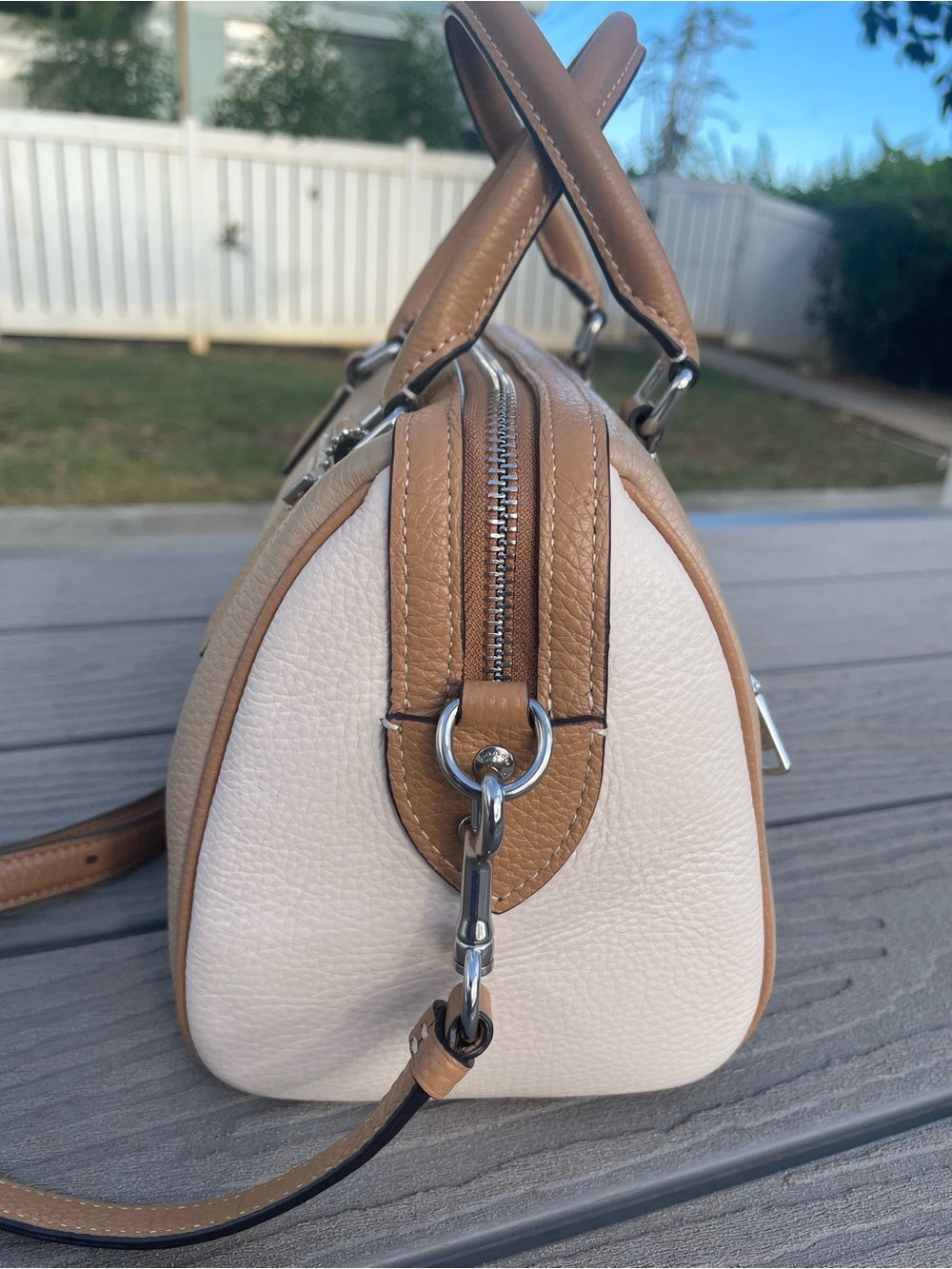 COACH Medium Tan and Cream Pebbled Leather Rowen with Detachable Strap - Picture 2 of 10